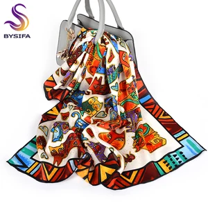 Женский шёлковый шарф BYSIFA, белый шарф с принтом кота из мультфильма, Осень-Зима 100%