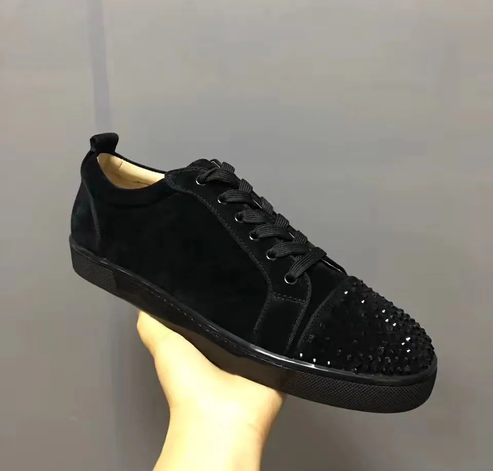 Cl andgz/обувь для отдыха с низким вырезом; черные заклепки; стразы Swarovski; мужские кроссовки с красной подошвой; кожаные лоферы; повседневная обувь на плоской подошве - Цвет: Черный