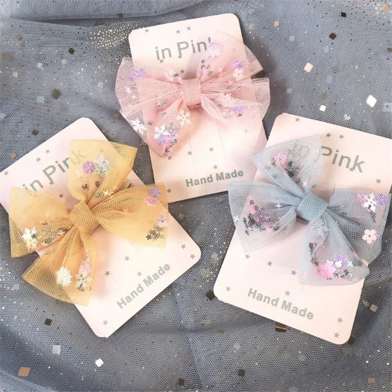 10 шт./лот для девочек снежинка блестки волос зажим сетка пряжа банты заколки