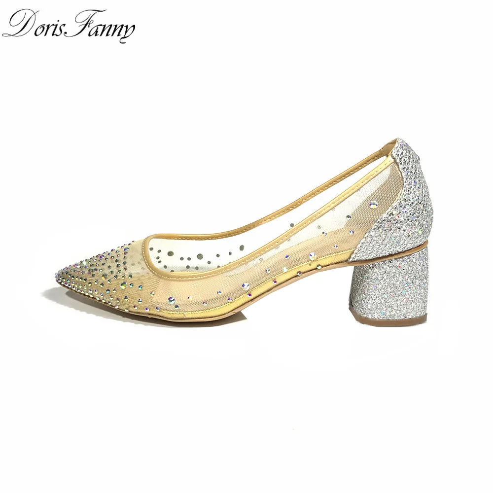 

Silver womens shoes office lady 2017 glitter see through pointed toe medium low thick heel women pumps shoes Dorisfanny