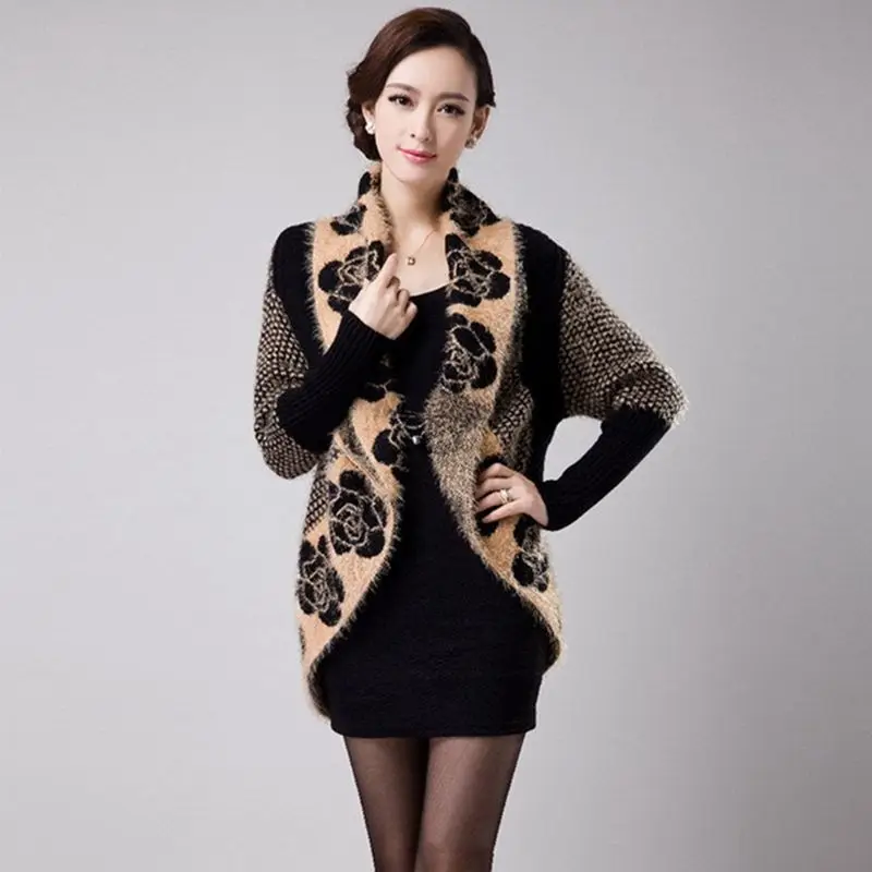 New Women Spring Autumn Sweater Knit Cardigan Jackets Fashion Print Cloak Shawls Thick Warm Large Lapel Coats WLX571 |