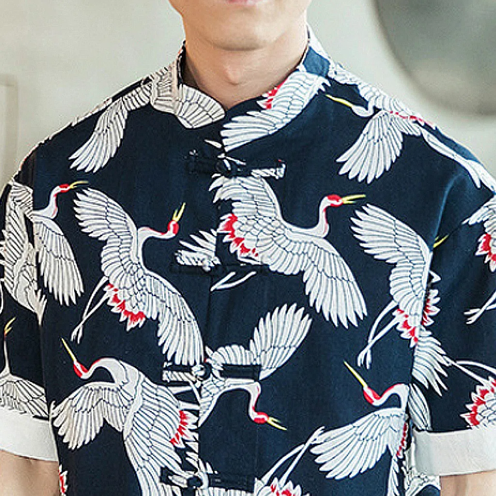Camisa мужская летняя рубашка с принтом короткий рукав многоцветная со стоячим