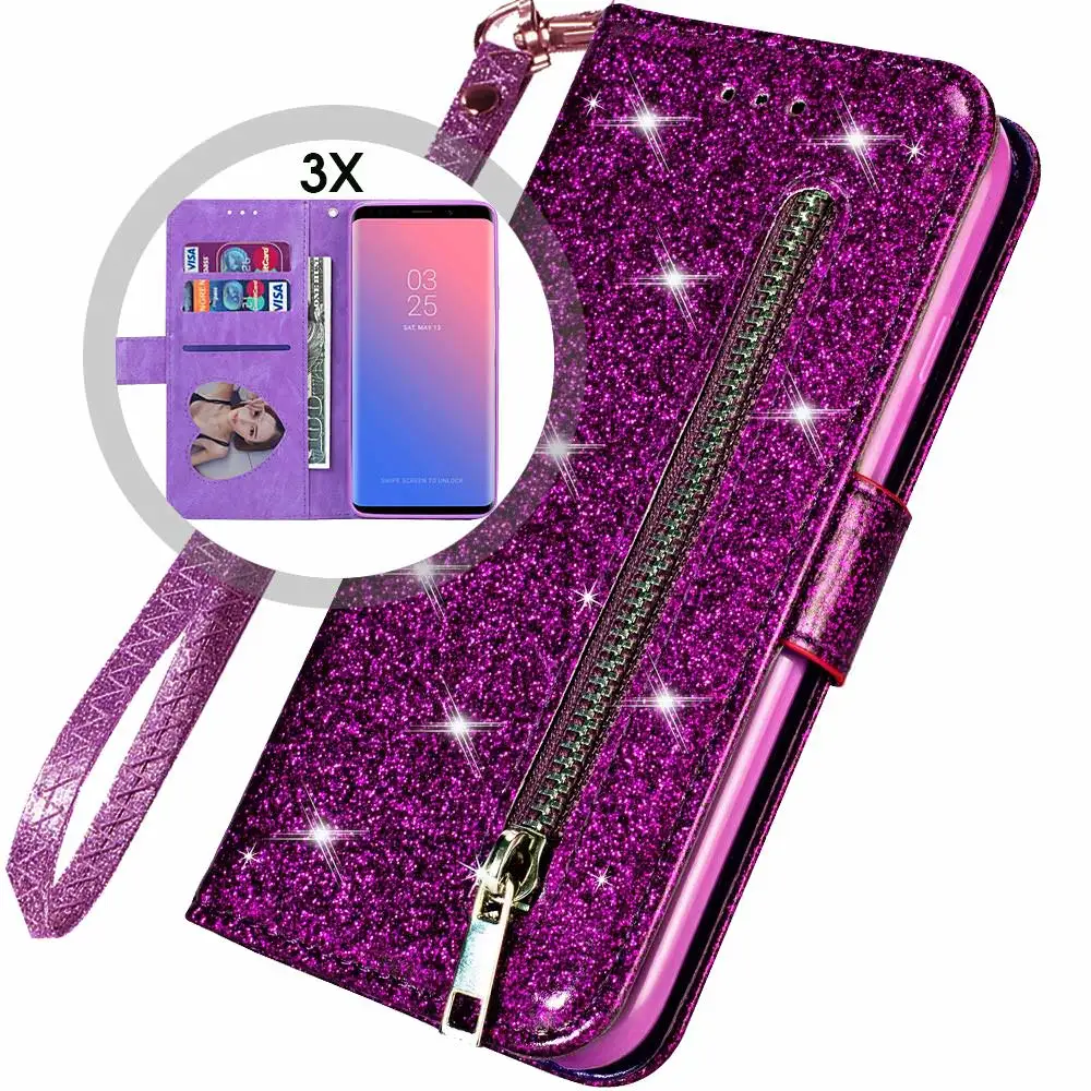 Bling чехол S10E для samsung Galaxy J4 J6 A6 плюс J330 J5 Pro J730 A5 A7 A6 плюс кожаный чехол-книжка бумажник с застежкой-молнией крышка