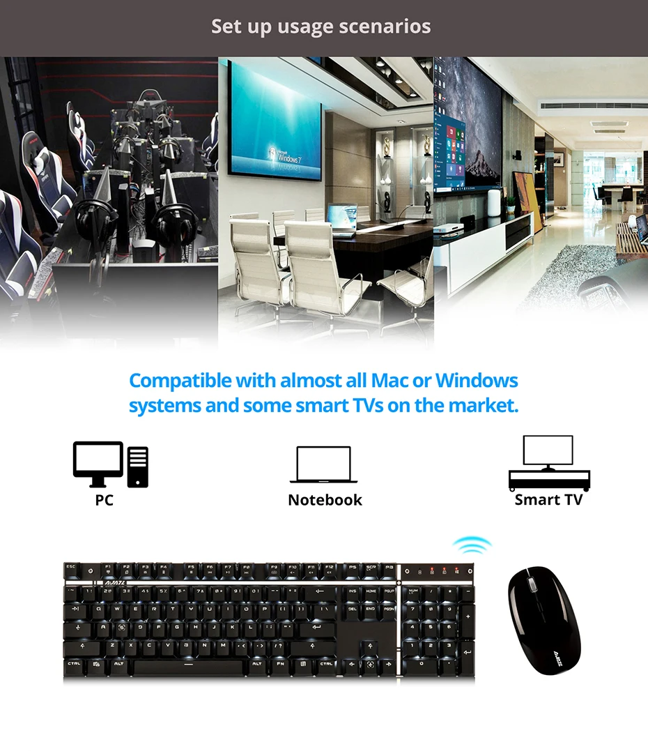 Ajazz A3008 2,4G, беспроводная механическая клавиатура, мышь, комбо, игровая клавиатура, мышь, набор, белая подсветка, синие переключатели, 1600 dpi Мышь