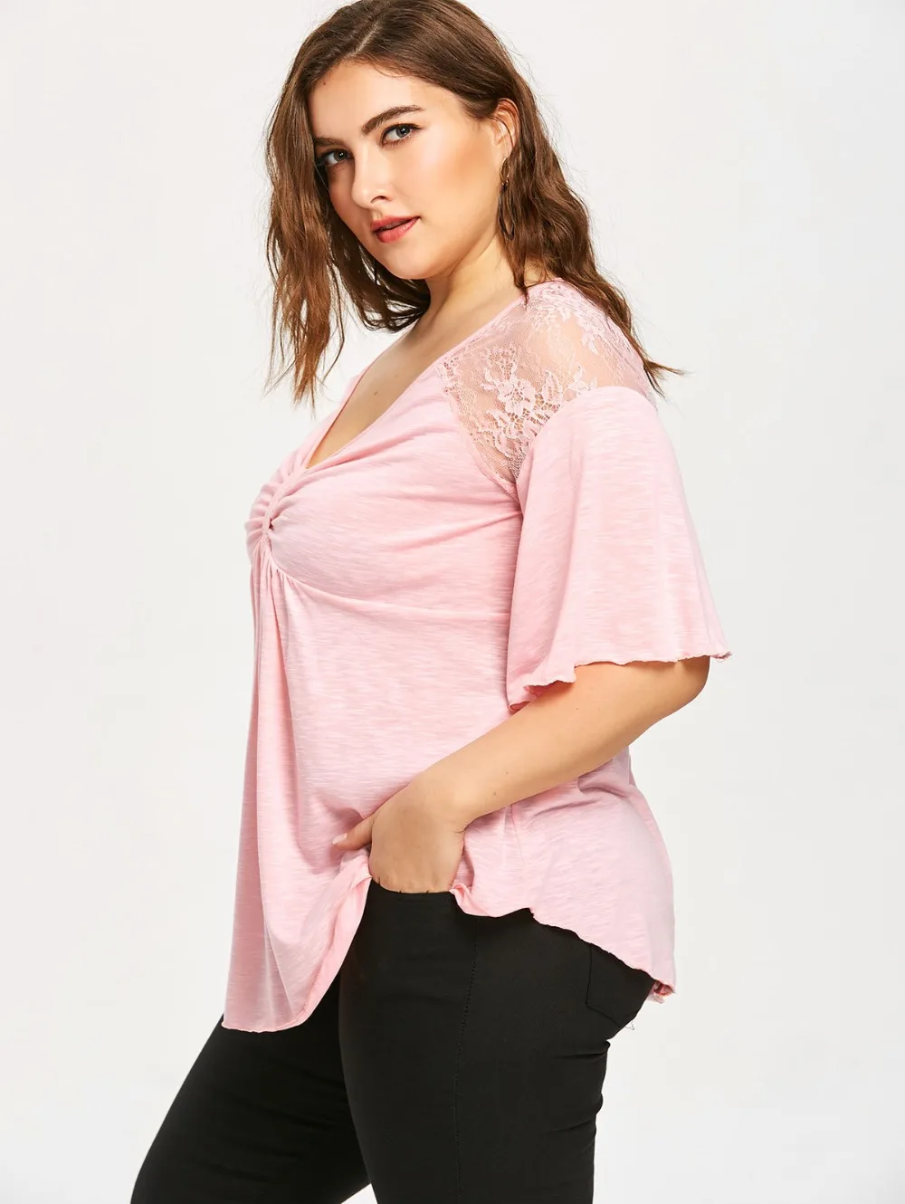 Yileen плюс Размеры Для женщин футболка кружева выдалбливают рукав &quotлетучая