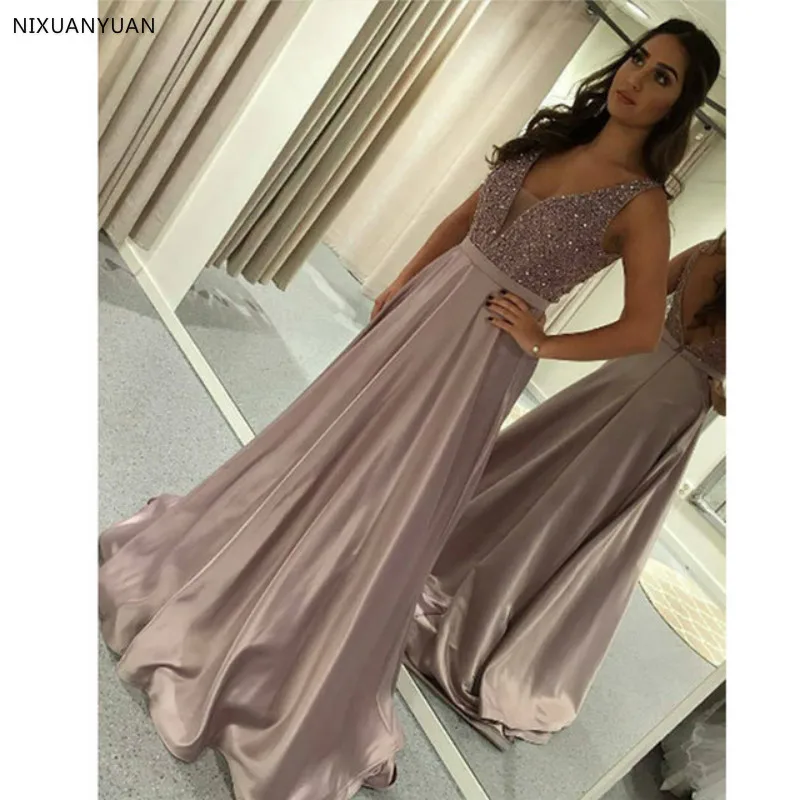 

Long Evening Dresses 2021 Elegant Prom Dress Low V Neck Satin Women Pageant Gown Formal Party Dress Vestidos De Fiesta