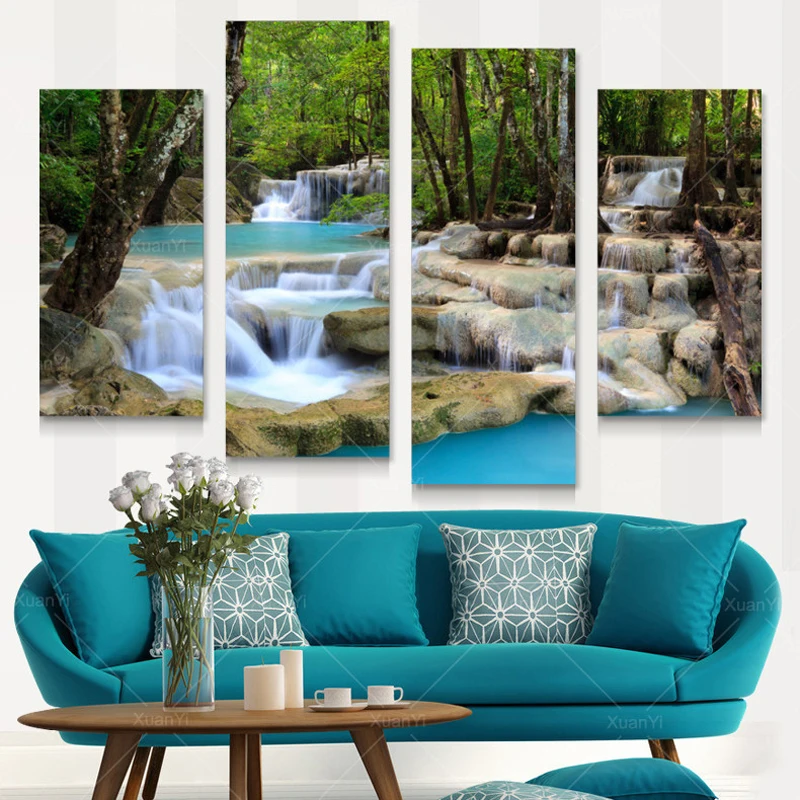 

4 Panel Waterfall Canvas Painting Nature Landscape Wall Art Poster And Prints Wall Picture Home Decor For Bed Room Unframed