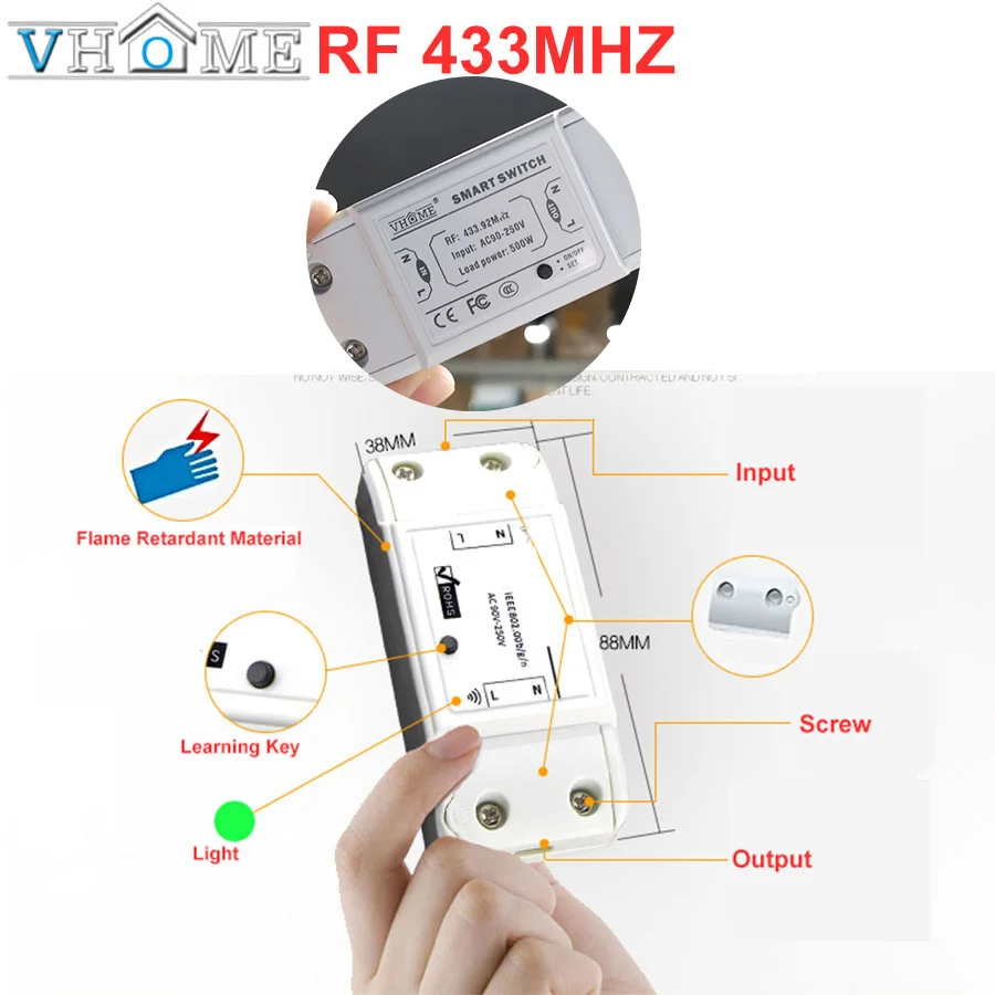 Vhome Wireless Switch Controller Smart Remote Control Touch Light switch RF Transmitter AC220V 5A For Smart Home LED White/Black