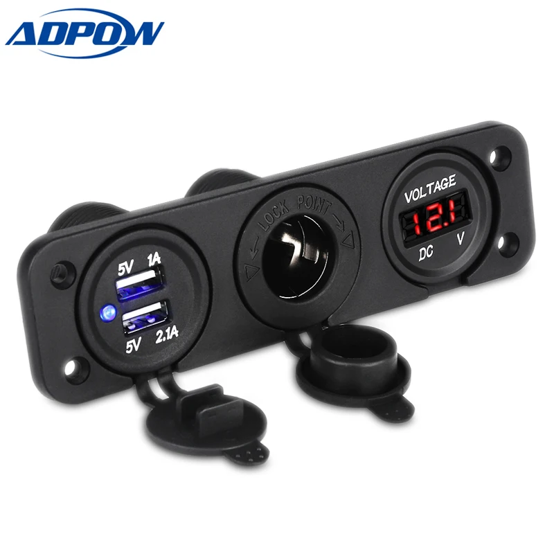 

Автомобильное зарядное устройство для мотоцикла с двумя USB-портами, синий светодиодный цифровой вольтметр, розетка для прикуривателя 12-24 В