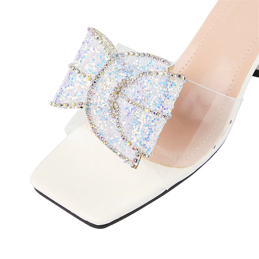 Женские шлепанцы с бантом элегантные прозрачные туфли на высоком каблуке