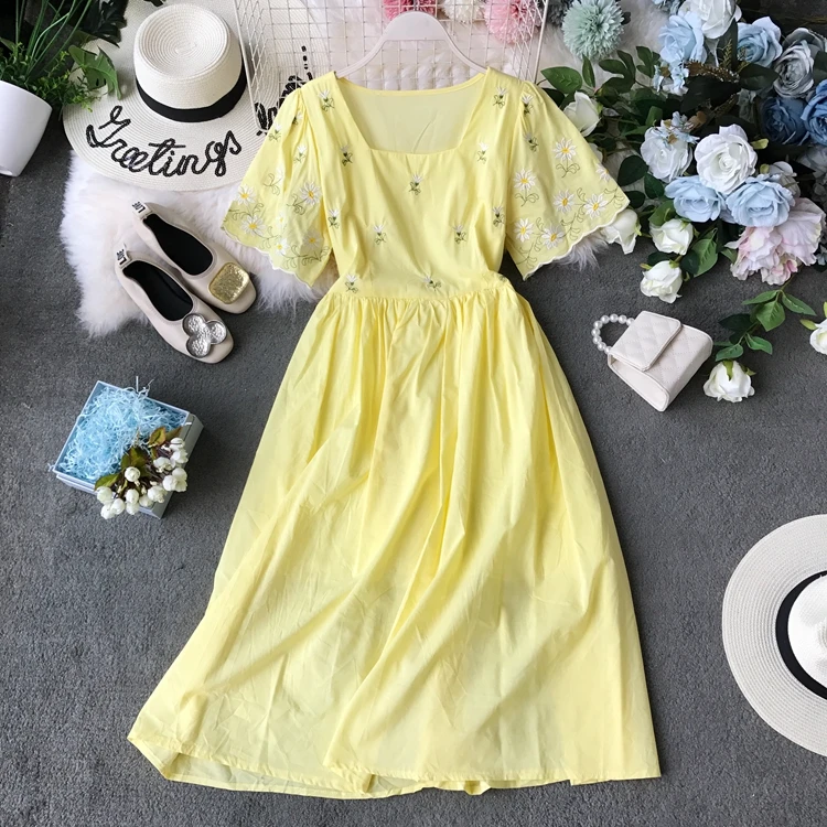 ALPHALMODA, новинка, платье с цветочной вышивкой для морского отдыха, квадратный воротник, расклешенный рукав, платье, тайское, аккуратное, до середины икры, Vestidos