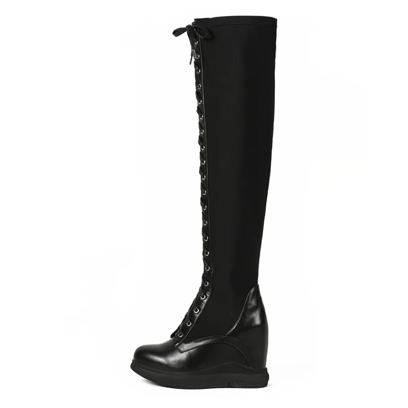 Thigh High Boots Women Genuine Leather Lace Up Knee High Booties Wedges High Heel Tall Shaft Punk Sneakers Winter Punk Creepers