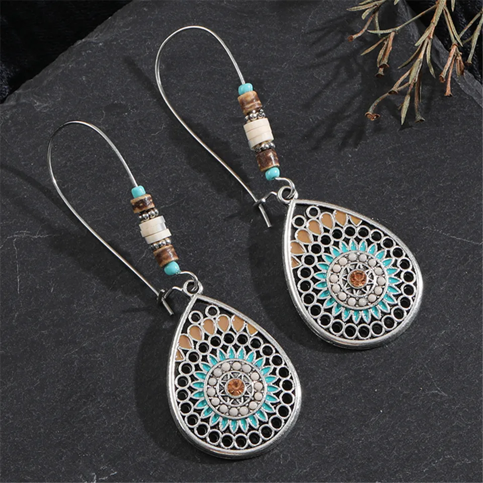 Fashion Vintage Bohemia Black Hollow Water droplets Round Circle arrow triangle Tassel Women's earrings Charm Ethnic jewelry