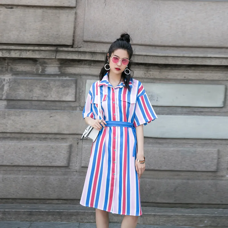Тренд сеттер Лето 2017 г. повседневный наряд в полоску для женщин Слэш шеи рубашка