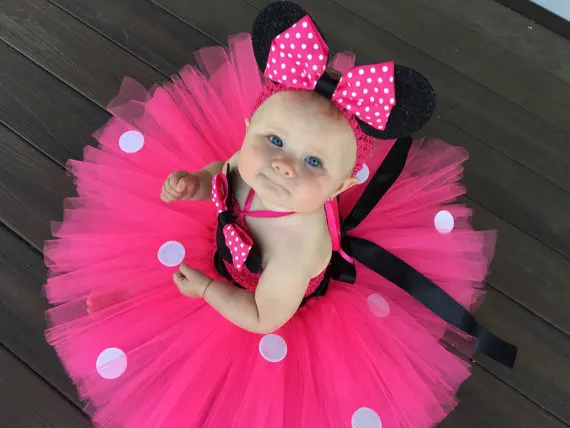 Lovely Girls Pink Cartoon Tutu Dress Baby Mickey Minnie Crochet Tulle Tutus with Dots Bow and Headband Kids Birthday Party Dress images - 6