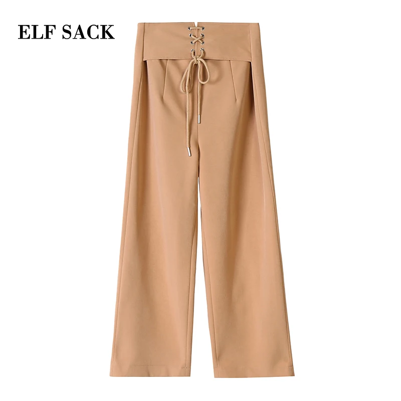 ELFSACK осенние новые тонкие женские брюки, повседневные свободные трикотажные штаны с завязками по щиколотку, однотонные прямые женские брюки