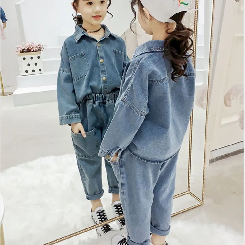 

Teenage Girls Clothing Kids 2 Pcs Denim Coats & Big Pockets Jeans Pants Suits Children Outfits 2019 Autumn Toddler Girl Clothes