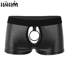 Мужские трусы-боксеры iiniim, мягкие трусы из искусственной кожи с вырезами и открытым пенисом, Сексуальное Нижнее Белье для сна с круглым кольцом