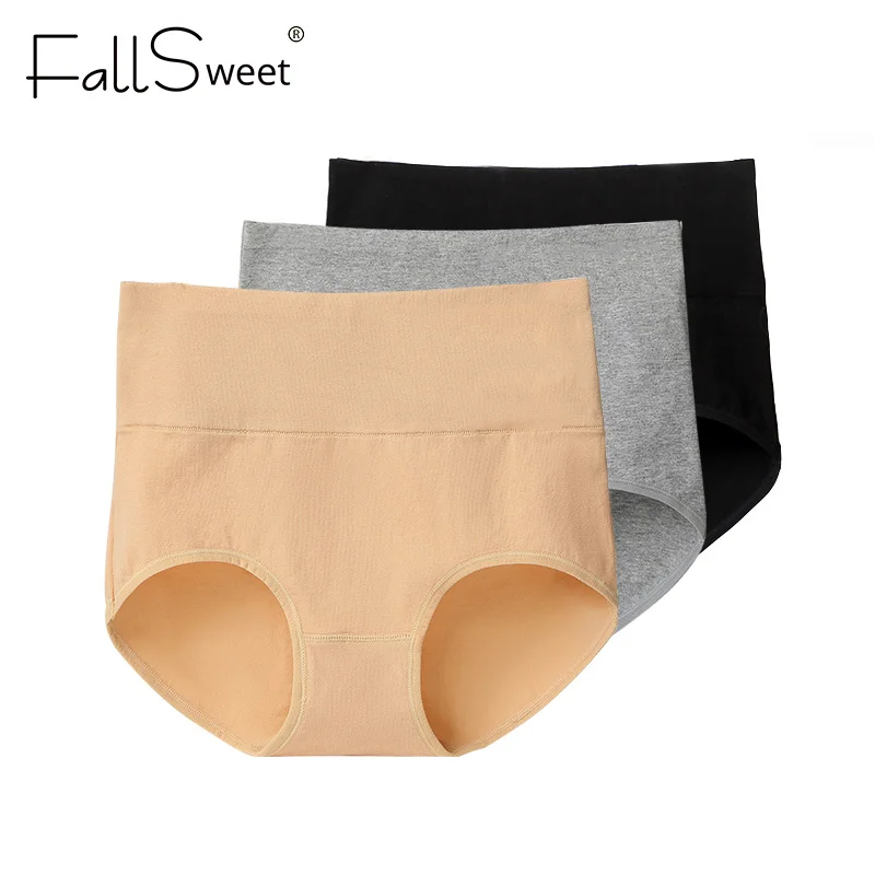 Женские утягивающие трусики FallSweet, однотонные хлопчатобумажные трусики больших размеров с высокой талией, нижнее белье для похудения, 3 шт. / упак - Цвет: BeigeGrayBlack