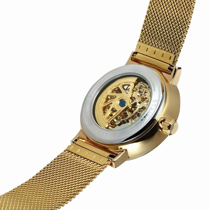 Часы скелетоны Winner Мужские механические прозрачные золотистые повседневные