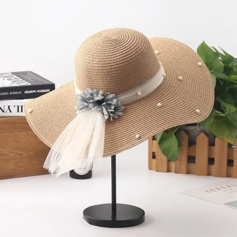 Шляпка от солнца с жемчугом женская однотонная большая пляжная шапка мягкими