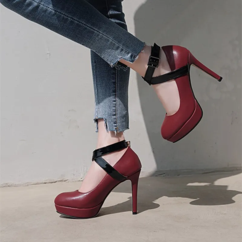 plus size 34-43 Fashion Women Pumps Platform High Heels Stiletto Sexy Evening Cross tied Ankle Strap Wedding Party Punk Shoes