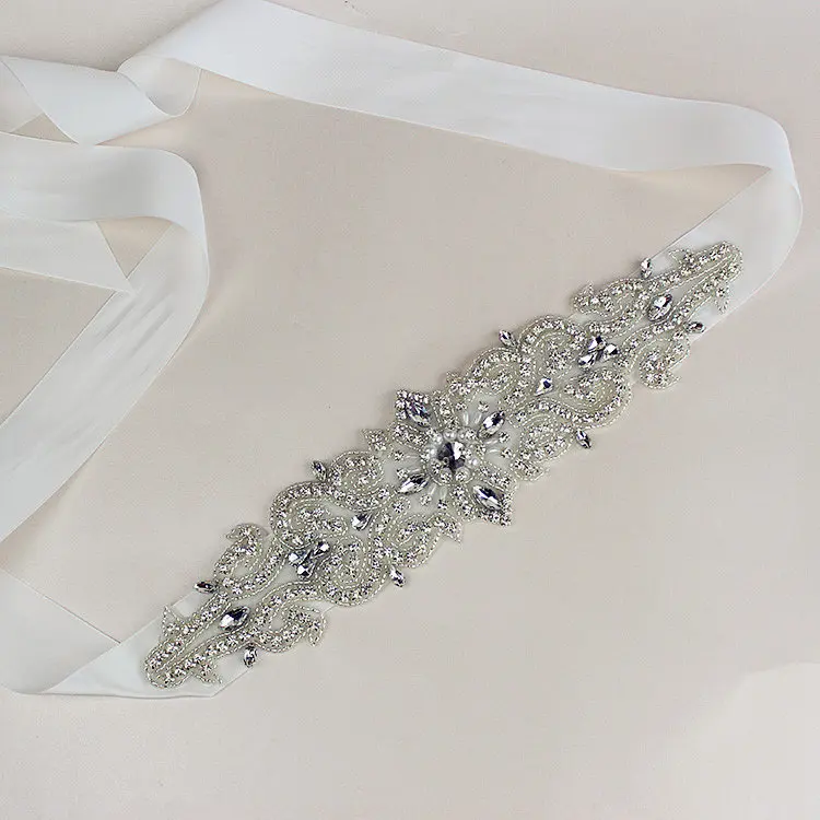 

MissRDress Silver Rhinestones Bridal Belt Crystal Ribbon Wedding Belt Pearls Wedding Sash For Bridal Long Dress JK940