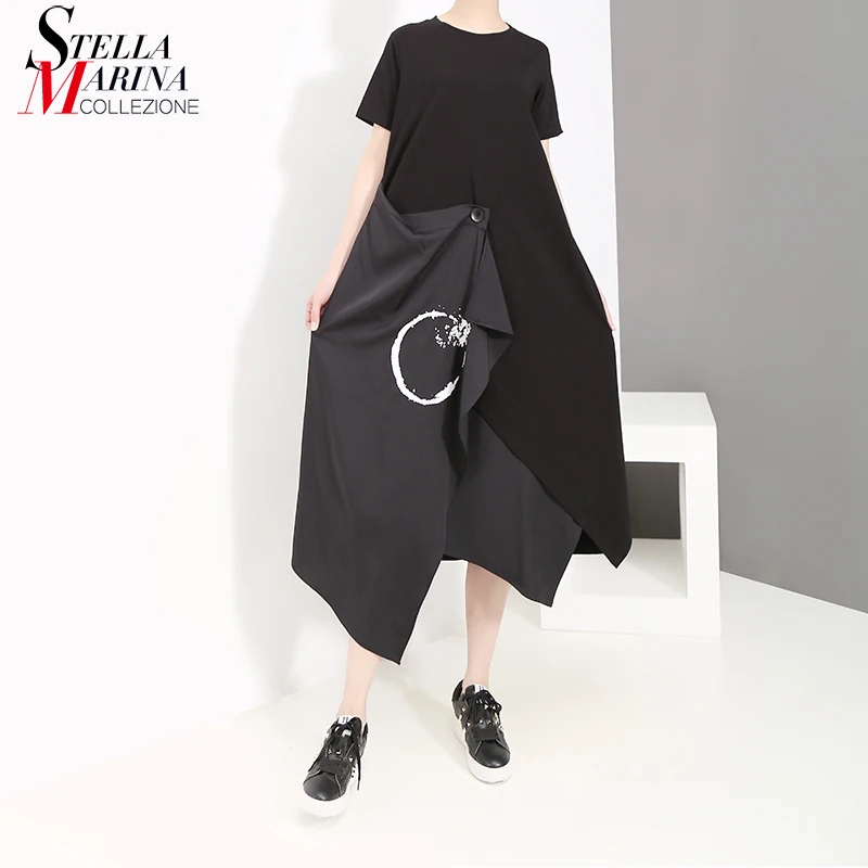 Новинка 2019 корейский стиль женская летняя черная футболка платье с коротким