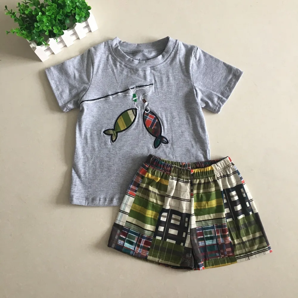 

Puresun New Arrival Summer Design Baby Boy Short Sleeves Clothing Embroidery Fish Embroidery Shorts Spring Summer Sets