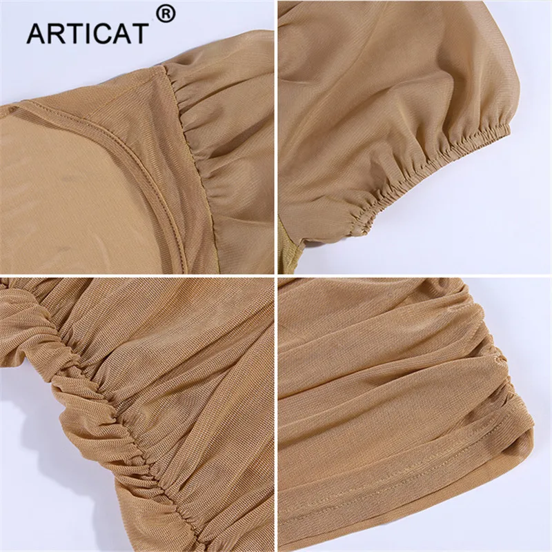 Articat, пышные рукава, с рюшами, прозрачная сетка, сексуальное летнее платье для женщин, без бретелек, плиссированное, Мини, вечерние платья, элегантные женские платья, Vestidos