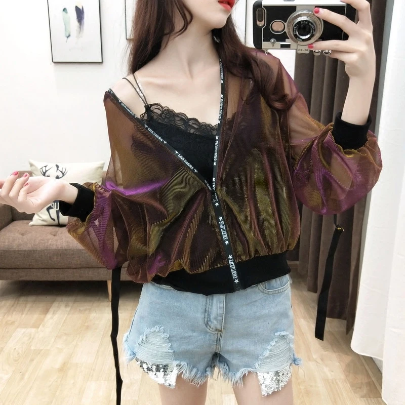 Для женщин сетки Легкая куртка 2018 летние куртки с длинным рукавом молнии ВС