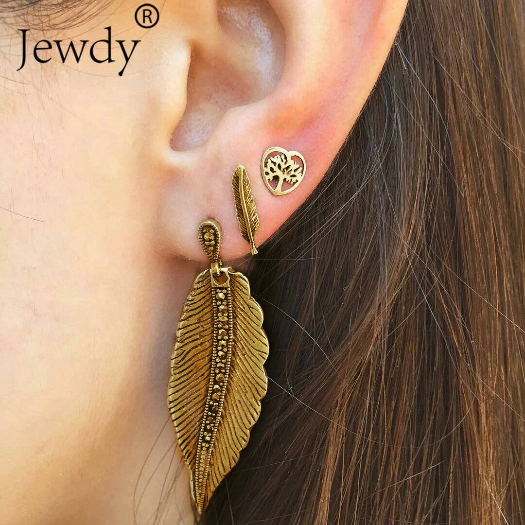 

3 Pcs/Set Boho Leave Feather Earrings Fashion Tree of Life Heart Stud Earring For Women Flower Ear Accessories GIfts