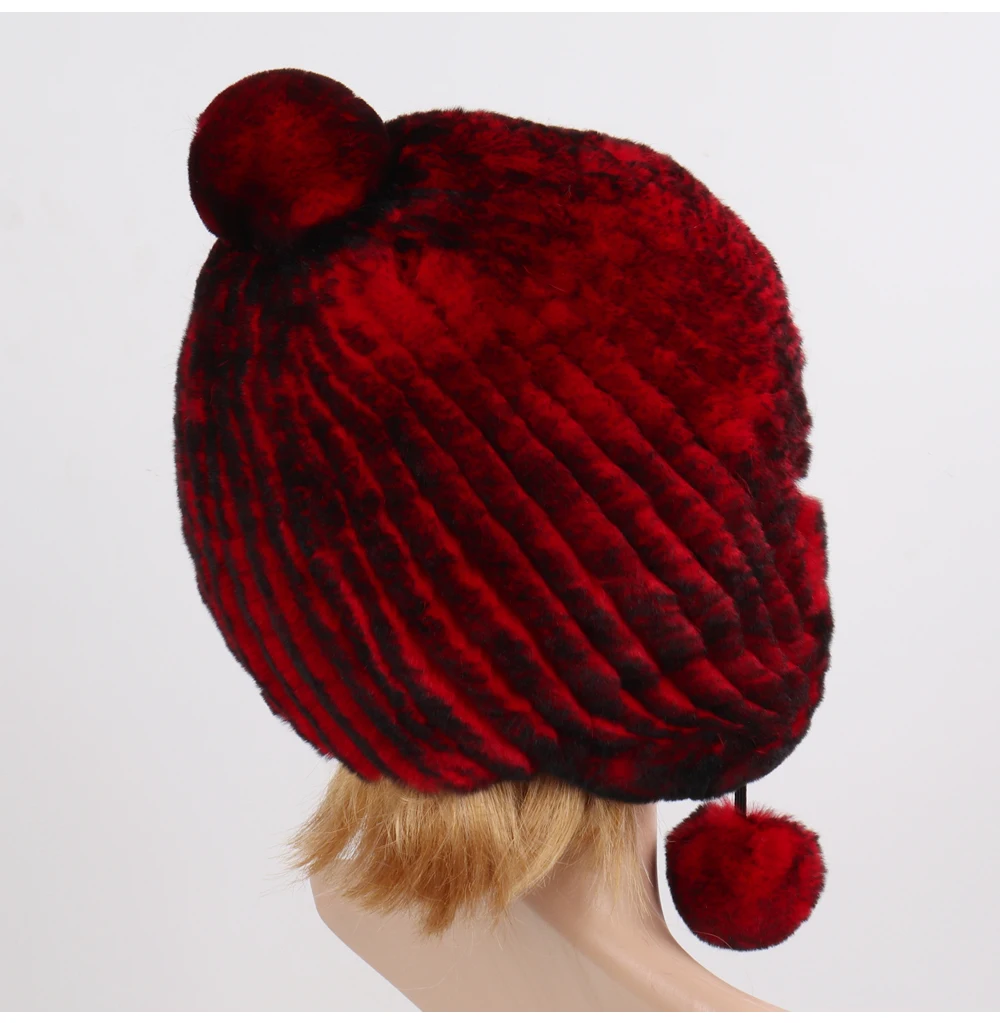 New Winter Russian Women Natural Rex Rabbit Fur Pompoms Hat Lady Thick Warm Real Rex Rabbit Fur Bomber Hats Knitted Outdoor Cap