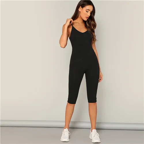 Черный SweatyRocks однотонный обтягивающий комбинезон на бретельках, одежда для активного отдыха, сексуальный эластичный черный комбинезон, летний женский комбинезон на бретельках - Цвет: Черный