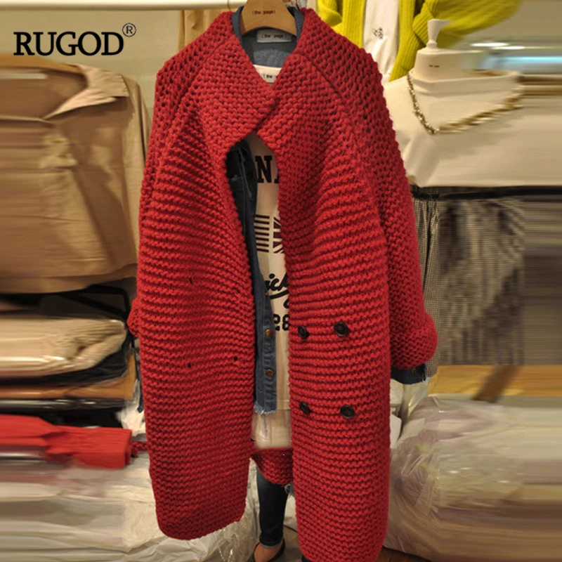 Женский вязаный кардиган RUGOD однотонный красный Асимметричный свободный свитер