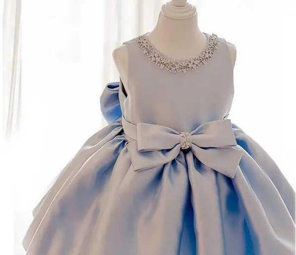 2017 Sky Blue tulle Princess Girl Party Dresses Diamonds Big Bow Wedding Dress for Christmas Kids Birthday clothes 12M-12Y