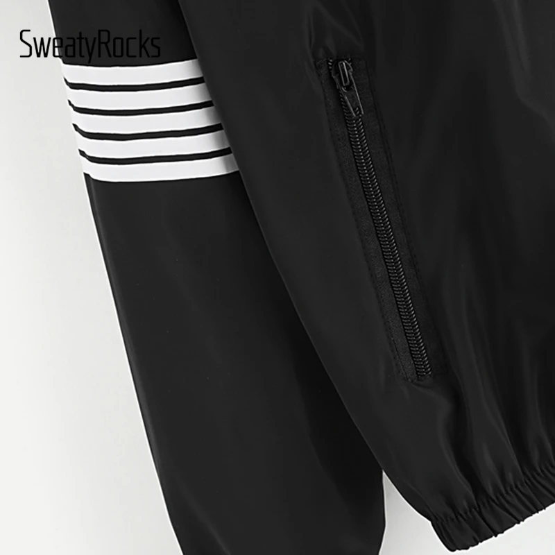 SweatyRocks полосатый рукав с капюшоном Куртка женская черная с капюшоном шнурок на молнии куртки женская спортивная куртка для активного отдыха