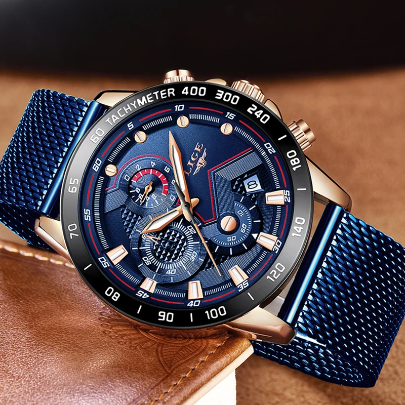 Часы LIGE мужские спортивные водонепроницаемые из нержавеющей стали с сетчатым