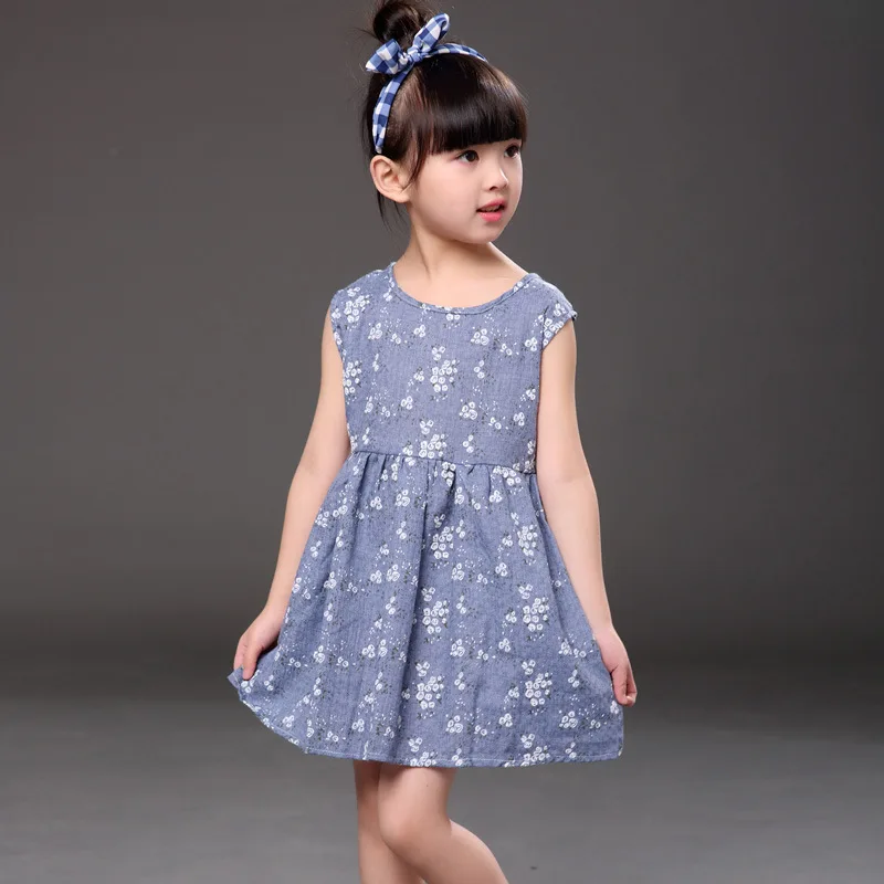 New Floral Prints Cotton Linen Girls Dress Pink Blue Summer Kids Dresses For Super Sweet Princess vestido de festa | Детская одежда и
