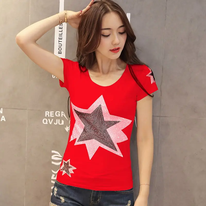 Футболки со стразами и звездами 2019 женские футболки Стразы с коротким рукавом