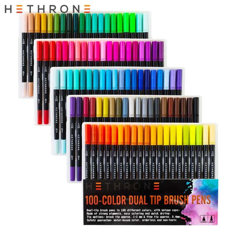 Hethrone 100 цветная ручка FineLiner, ручка для рисования, акварельные товары для рукоделия, фломастеры, двойные кончики, кисть, граффити, наборы, подарок