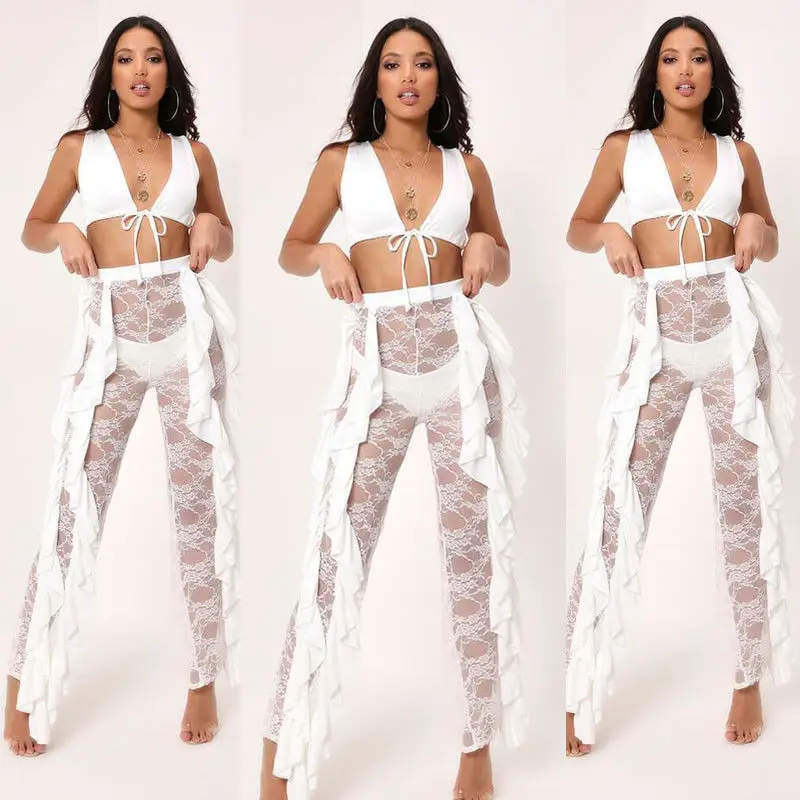 2018 Модные женские расклешенные брюки с высокой талией сетчатые кружевные