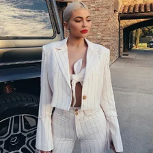 Модный комплект брюк Kyliejenner с расклешенным длинным рукавом, 3 предмета, полосатый блейзер с отворотом, стильный Vestidos, сексуальный укороченный топ, длинные штаны, костюмы