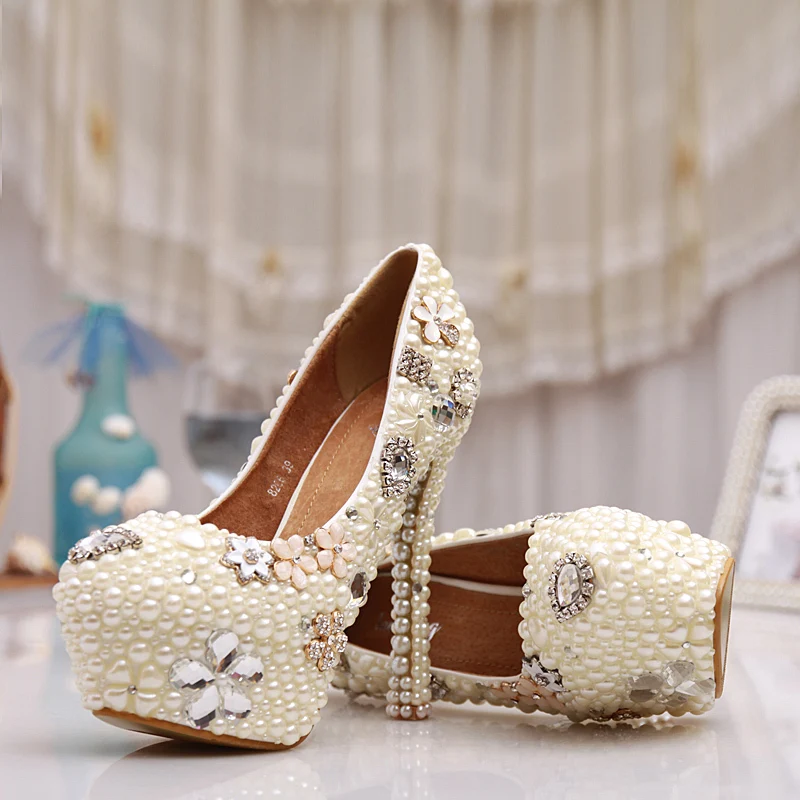 Туфли женские с жемчугом высокий каблук круглый носок шпилька платформа
