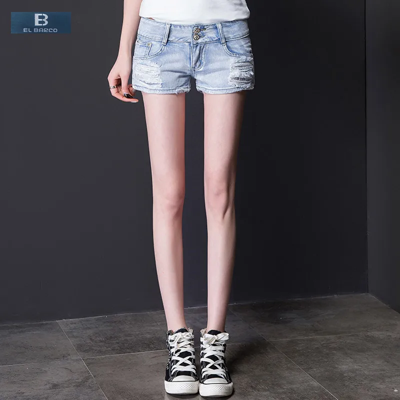 Женские рваные джинсовые шорты [EL откидной] синие однотонные мини с карманами и