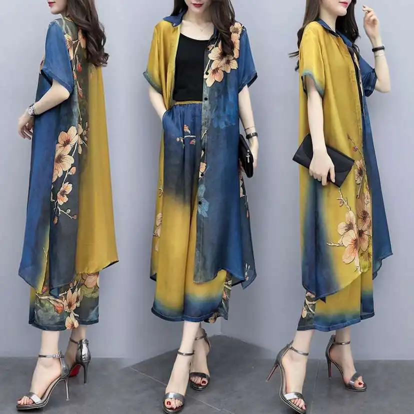 Женский топ большого размера и штаны комплект одежды 2019 Летний Новый кардиган с