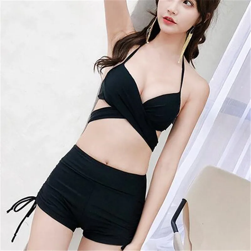Neploe Three Pieces Skirt-style Bikini Set Halter Lace Up Solid Women Swimsuit High Waist Backless Conservative Swimwear 42235 | Спорт и