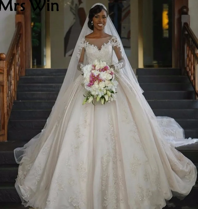 Свадебные платья Дубаи линия 2017 с длинным рукавом Кружева Аппликация vestido de novia