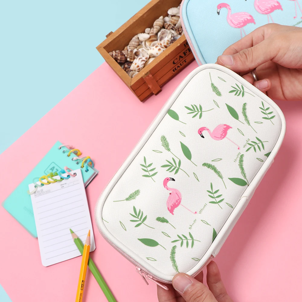 Чехол для карандашей из искусственной кожи с Фламинго Kawaii, школьная сумка для карандашей, многофункциональная вместительная коробка для ручек, школьные принадлежности, канцелярские принадлежности для детей
