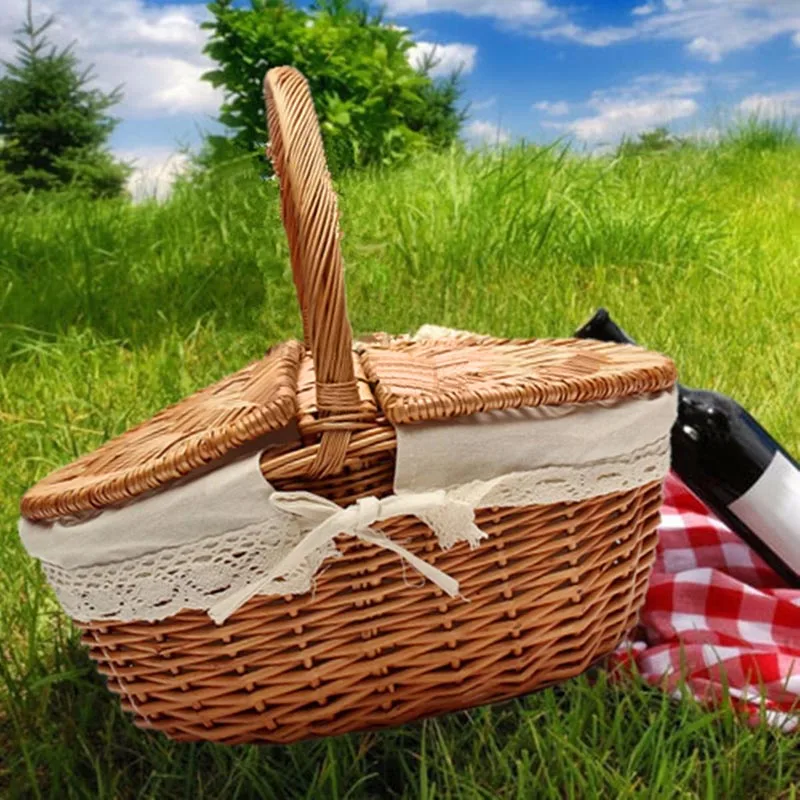 

Newest Handmade Willow Wicker Knit Basket Picnic Shopping Storage Hamper w/ Lid +Handle